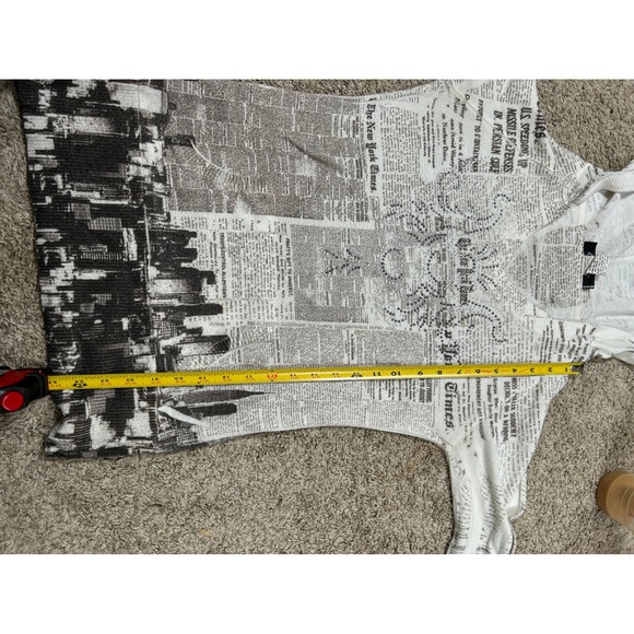 Y2K Newspaper Print Hoodie Rhinestone Embellished Hooded Long Sleeve Top - Picture 6 of 7